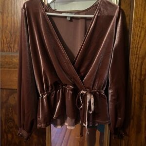 LC Lauren Conrad Wine Velvet Wrap Peplum Top